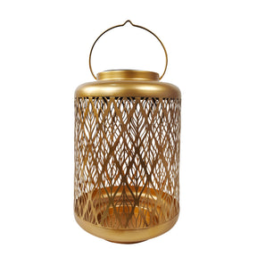 Bliss Outdoors 12-inch Tall Hanging and Tabletop Decorative Solar LED Lantern with Unique Diamond Leaf Design and Antique Hand Painted Finish in the Gold variation.