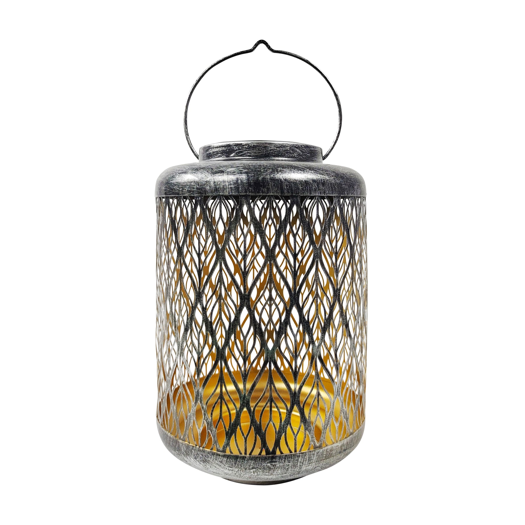 Bliss Outdoors 12-inch Tall Hanging and Tabletop Decorative Solar LED Lantern with Unique Diamond Leaf Design and Antique Hand Painted Finish in the brushed silver variation.