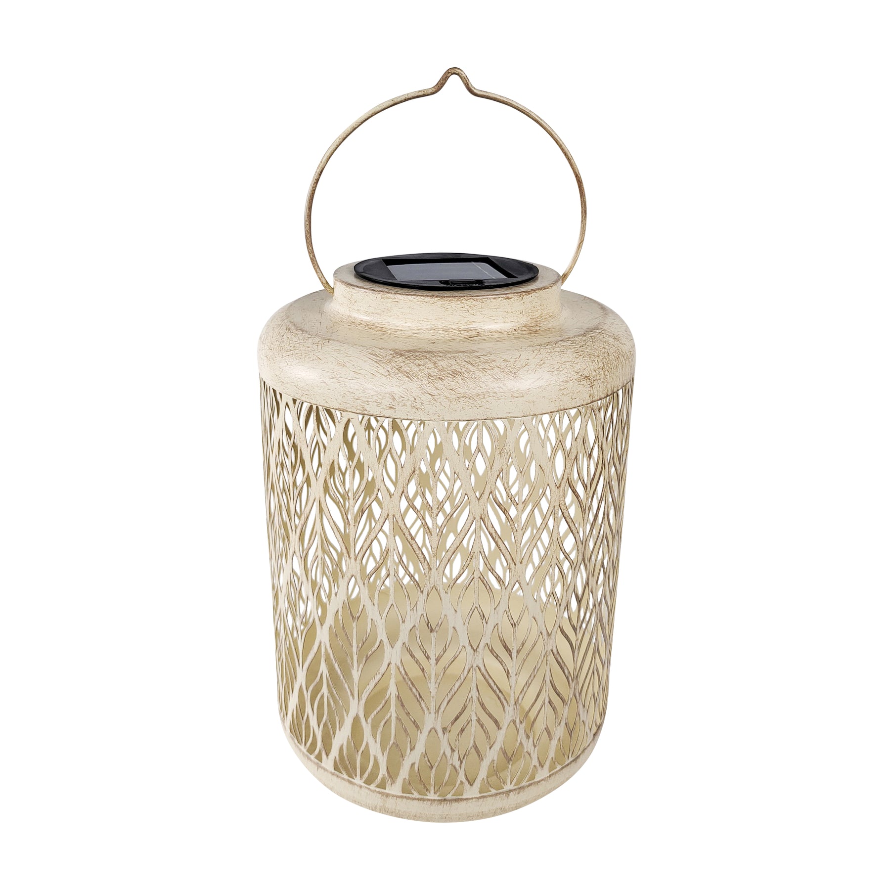 Bliss Outdoors 12-inch Tall Hanging and Tabletop Decorative Solar LED Lantern with Unique Diamond Leaf Design and Antique Hand Painted Finish in the antique white variation.