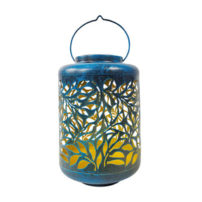 Bliss Outdoors 12-inch Tall Hanging and Tabletop Decorative Solar LED Lantern with Unique Olive Leaf Design and Antique Hand Painted Finish in the brushed blue variation.