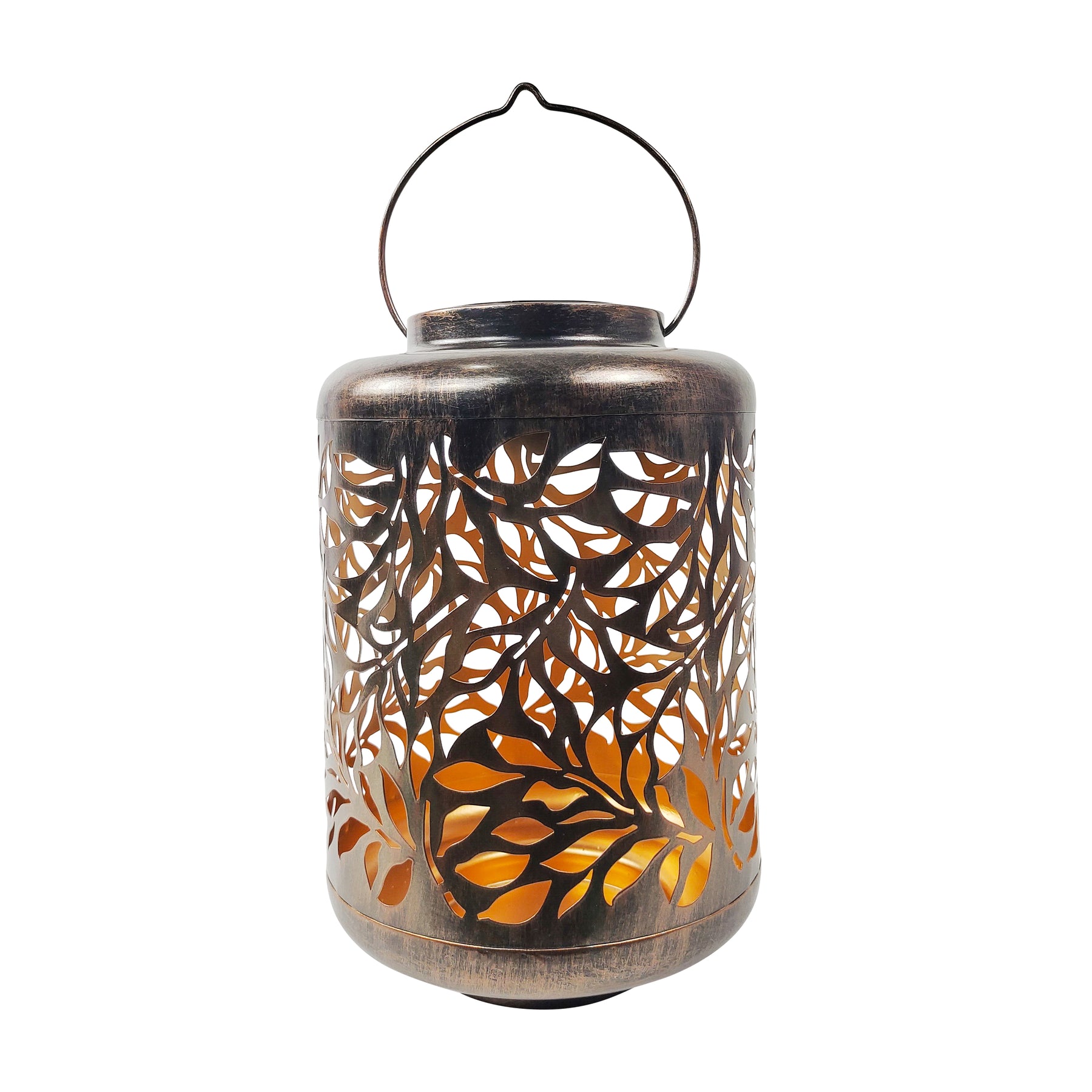 Bliss Outdoors 12-inch Tall Hanging and Tabletop Decorative Solar LED Lantern with Unique Olive Leaf Design and Antique Hand Painted Finish in the brushed bronze variation.