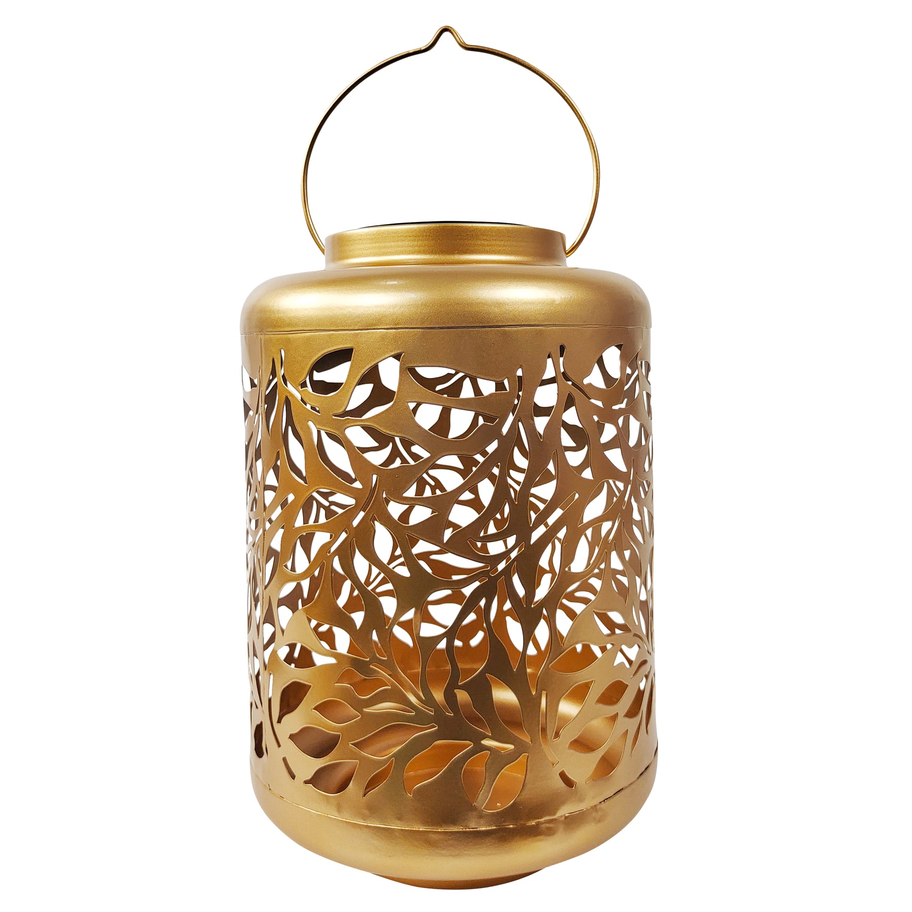 Bliss Outdoors 12-inch Tall Hanging and Tabletop Decorative Solar LED Lantern with Unique Olive Leaf Design and Antique Hand Painted Finish in the gold variation.