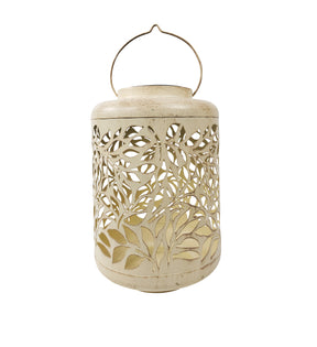 Bliss Outdoors 12-inch Tall Hanging and Tabletop Decorative Solar LED Lantern with Unique Olive Leaf Design and Antique Hand Painted Finish in the antique white variation.