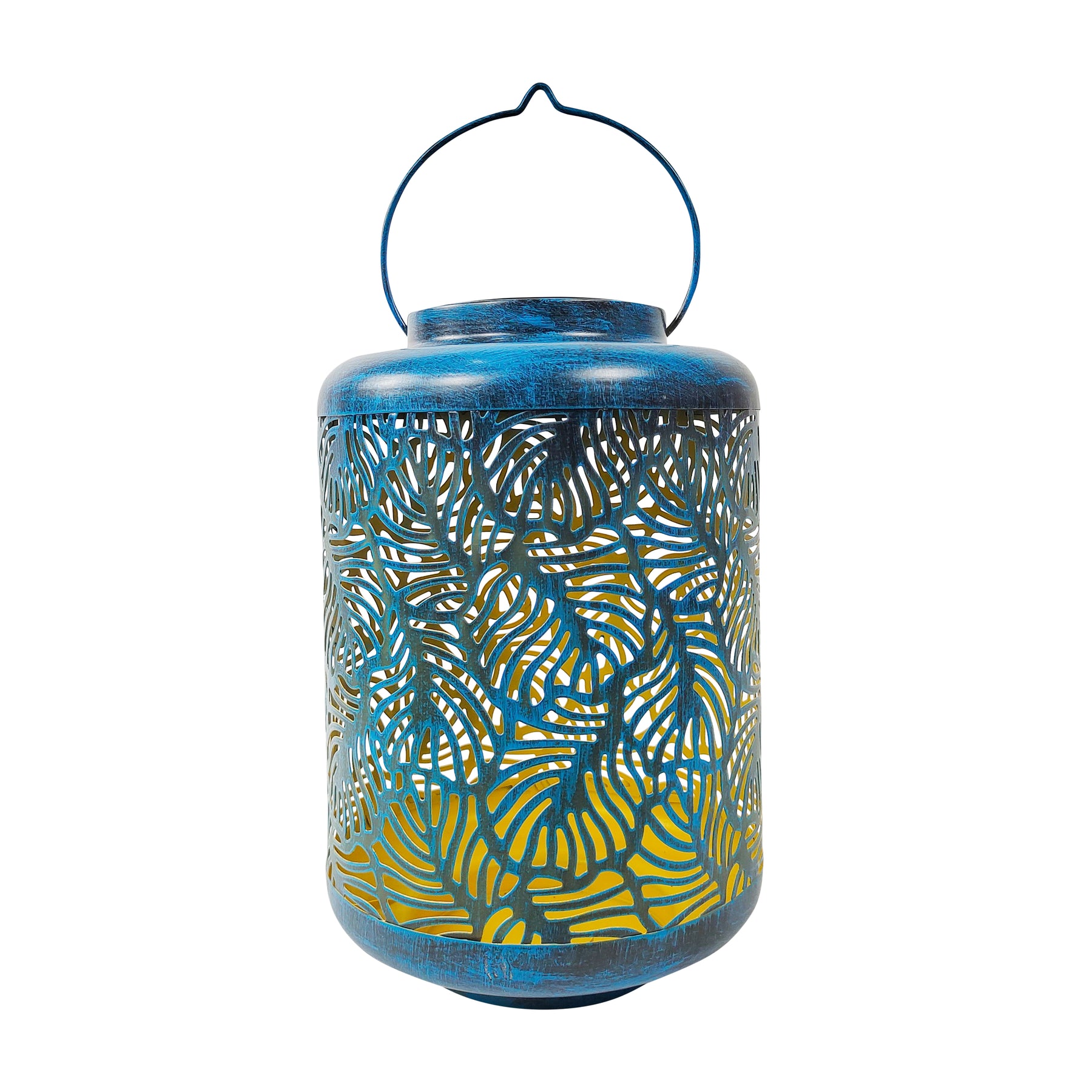Bliss Outdoors 12-inch Tall Hanging and Tabletop Decorative Solar LED Lantern with Unique Tropical Leaf Design and Antique Hand Painted Finish in the brushed blue variation.