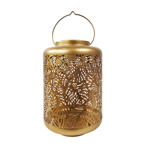 Bliss Outdoors 12-inch Tall Hanging and Tabletop Decorative Solar LED Lantern with Unique Tropical Leaf Design and Antique Hand Painted Finish in the gold variation.