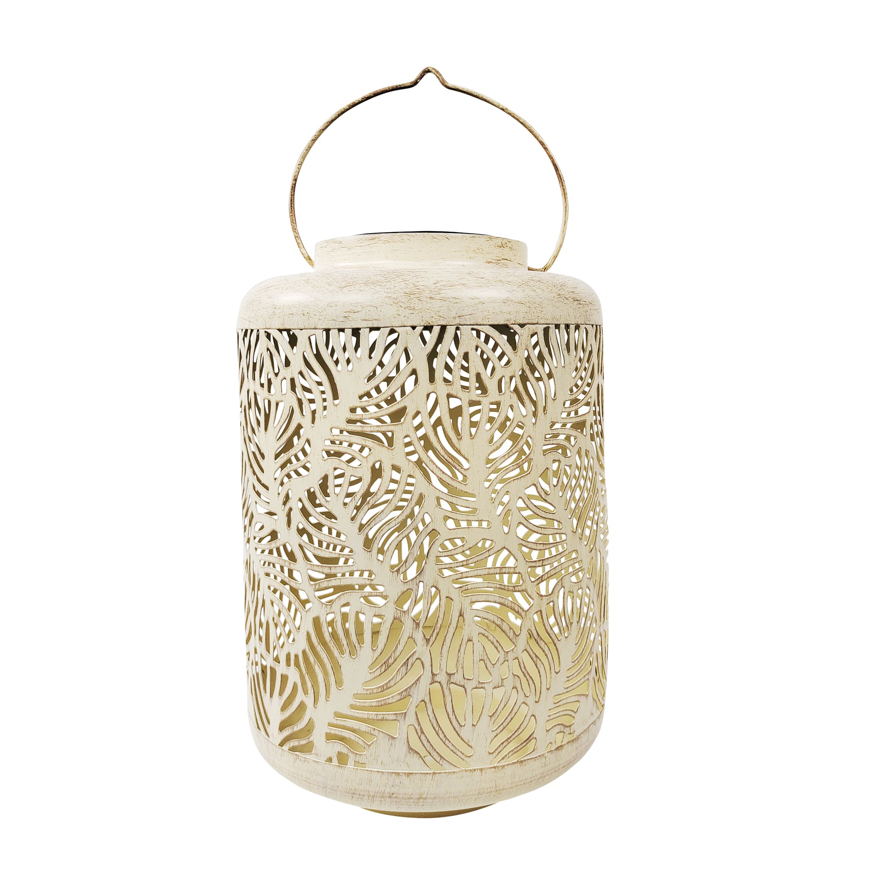 Bliss Outdoors 12-inch Tall Hanging and Tabletop Decorative Solar LED Lantern with Unique Tropical Leaf Design and Antique Hand Painted Finish in the antique white variation.
