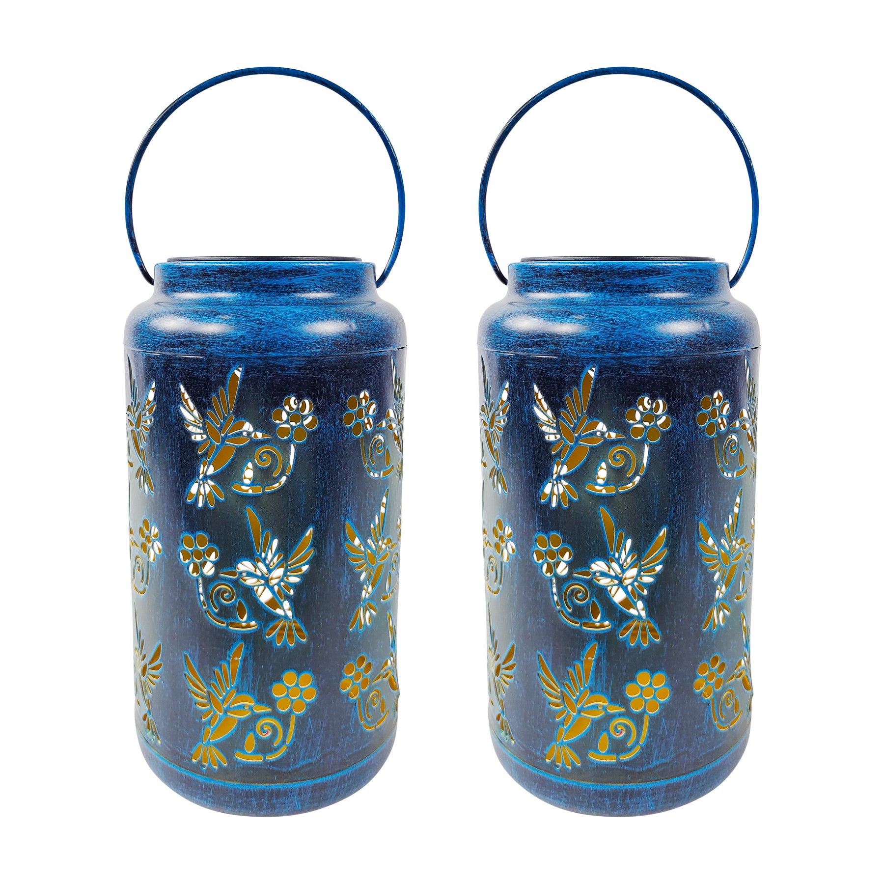 Bliss Outdoors 9-inch Tall 2-Pack Hanging and Tabletop Decorative Solar LED Lantern with Unique Humming Bird Design and Antique Hand Painted Finish in the brushed blue variation.