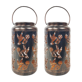 Bliss Outdoors 9-inch Tall 2-Pack Hanging and Tabletop Decorative Solar LED Lantern with Unique Humming Bird Design and Antique Hand Painted Finish in the brushed bronze variation.