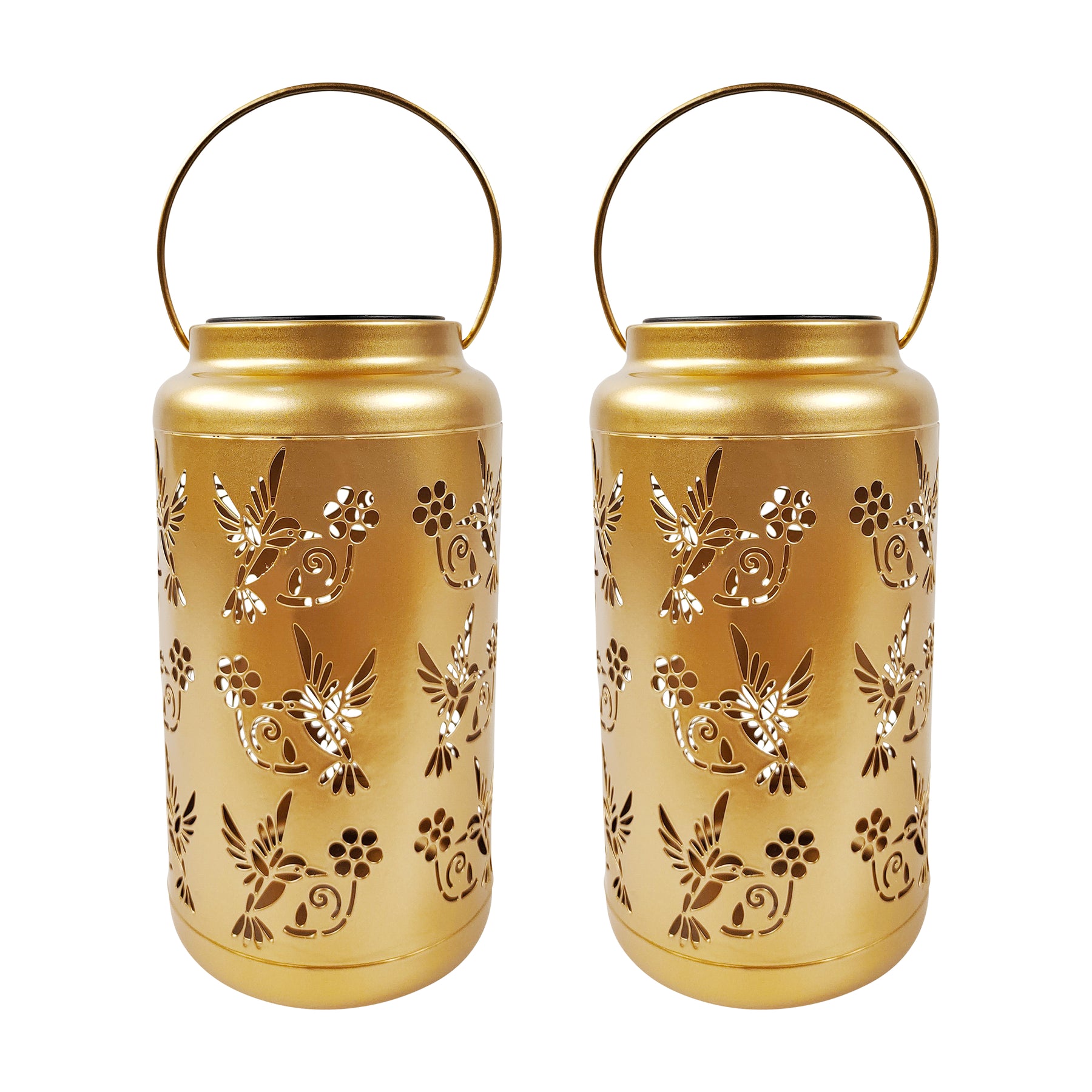 Bliss Outdoors 9-inch Tall 2-Pack Hanging and Tabletop Decorative Solar LED Lantern with Unique Humming Bird Design and Antique Hand Painted Finish in the gold variation.
