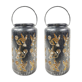 Bliss Outdoors 9-inch Tall 2-Pack Hanging and Tabletop Decorative Solar LED Lantern with Unique Humming Bird Design and Antique Hand Painted Finish in the brushed silver variation.