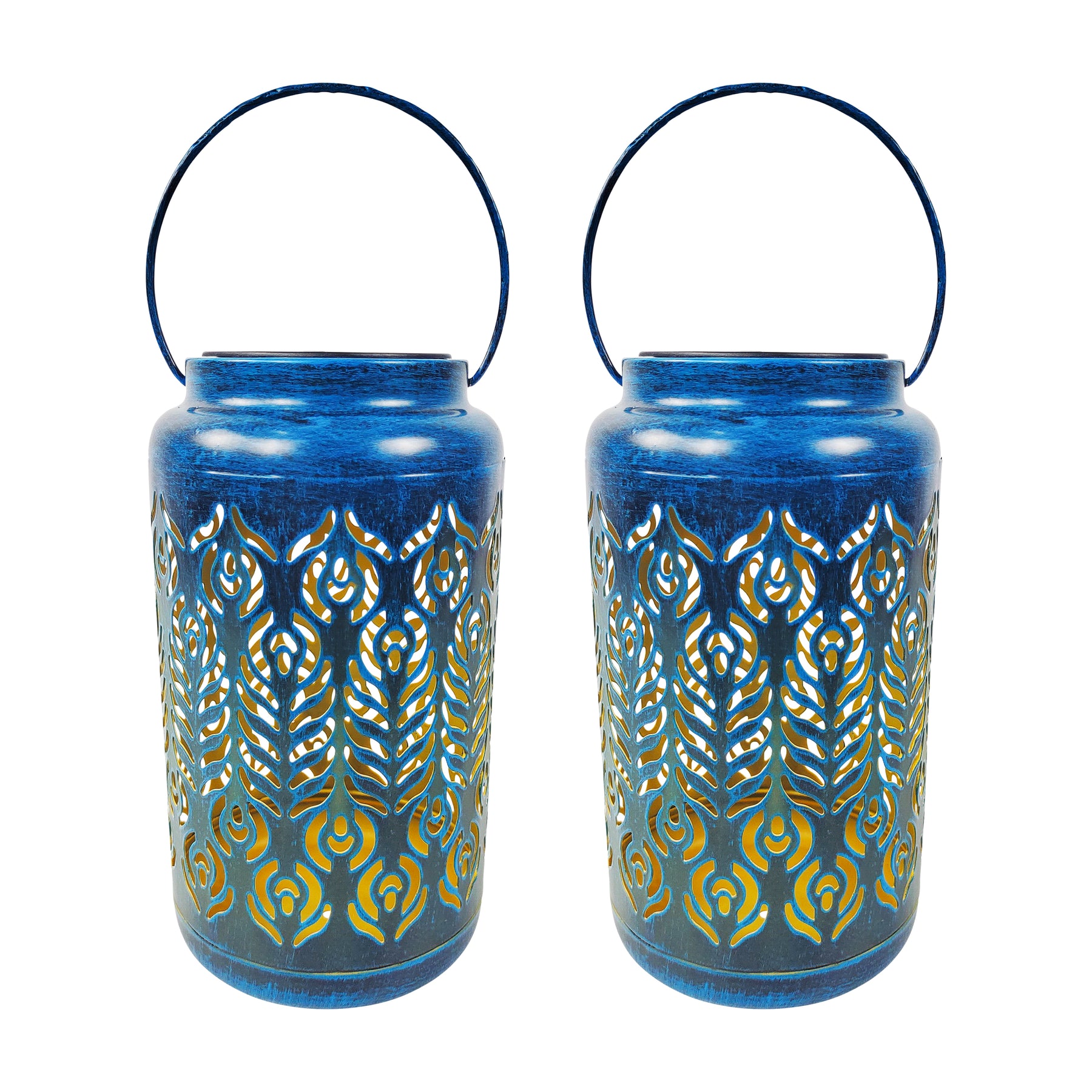 Bliss Outdoors 9-inch Tall 2-Pack Hanging and Tabletop Decorative Solar LED Lantern with Unique Phoenix Feather Design and Antique Hand Painted Finish in the Brushed Blue variation.