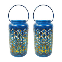Bliss Outdoors 9-inch Tall 2-Pack Hanging and Tabletop Decorative Solar LED Lantern with Unique Phoenix Feather Design and Antique Hand Painted Finish in the Brushed Blue variation.