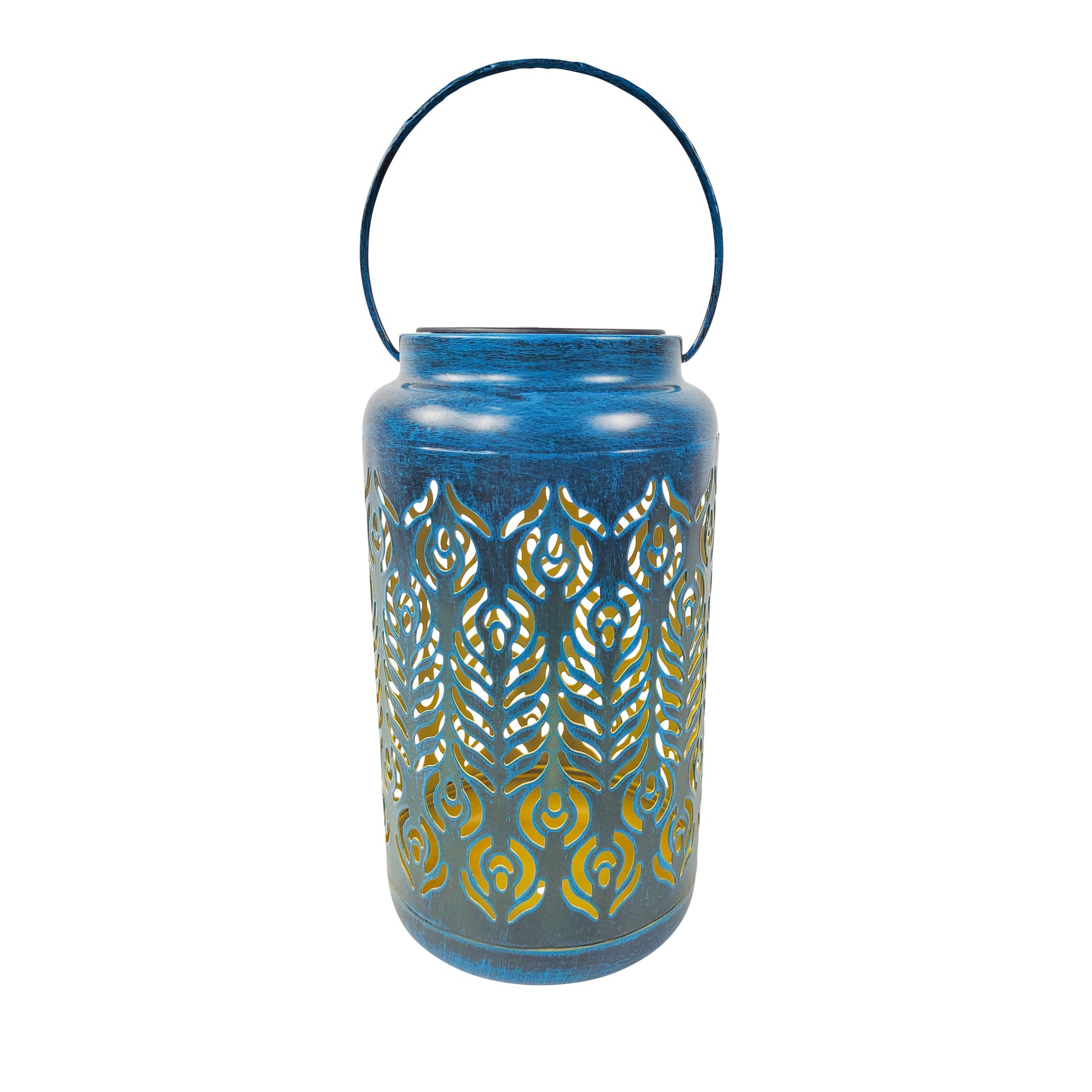 Single Bliss Outdoors 9-inch Tall Hanging and Tabletop Decorative Solar LED Lantern with Unique Phoenix Feather Design and Antique Hand Painted Finish in the Brushed Blue variation.