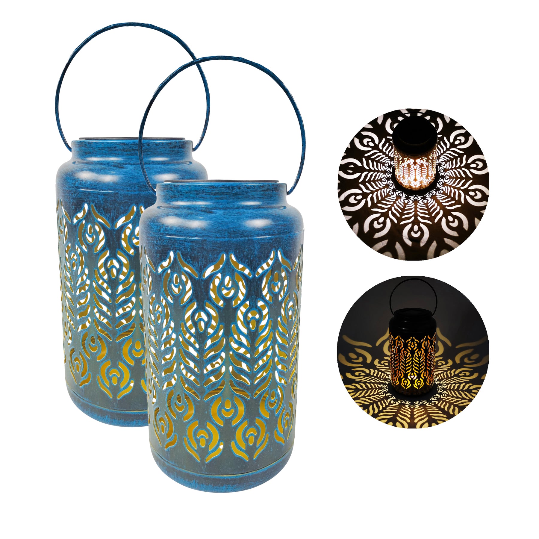 Set of 2 Solar LED Lanterns w/ Phoenix Feather Design & Hand Painted Finish | 9-in. Tall | Waterproof IP44
