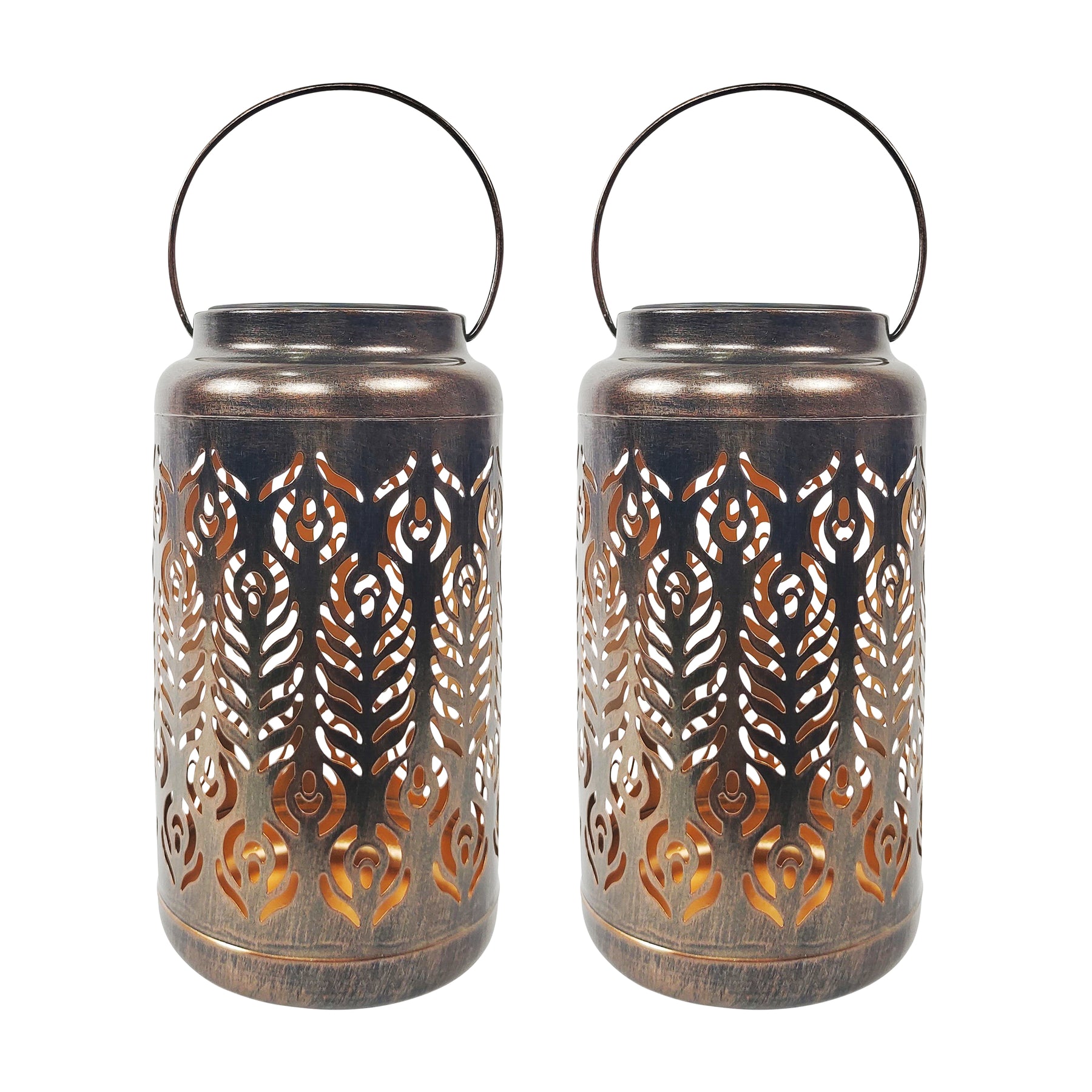 Bliss Outdoors 9-inch Tall 2-Pack Hanging and Tabletop Decorative Solar LED Lantern with Unique Phoenix Feather Design and Antique Hand Painted Finish in the Brushed Bronze variation.
