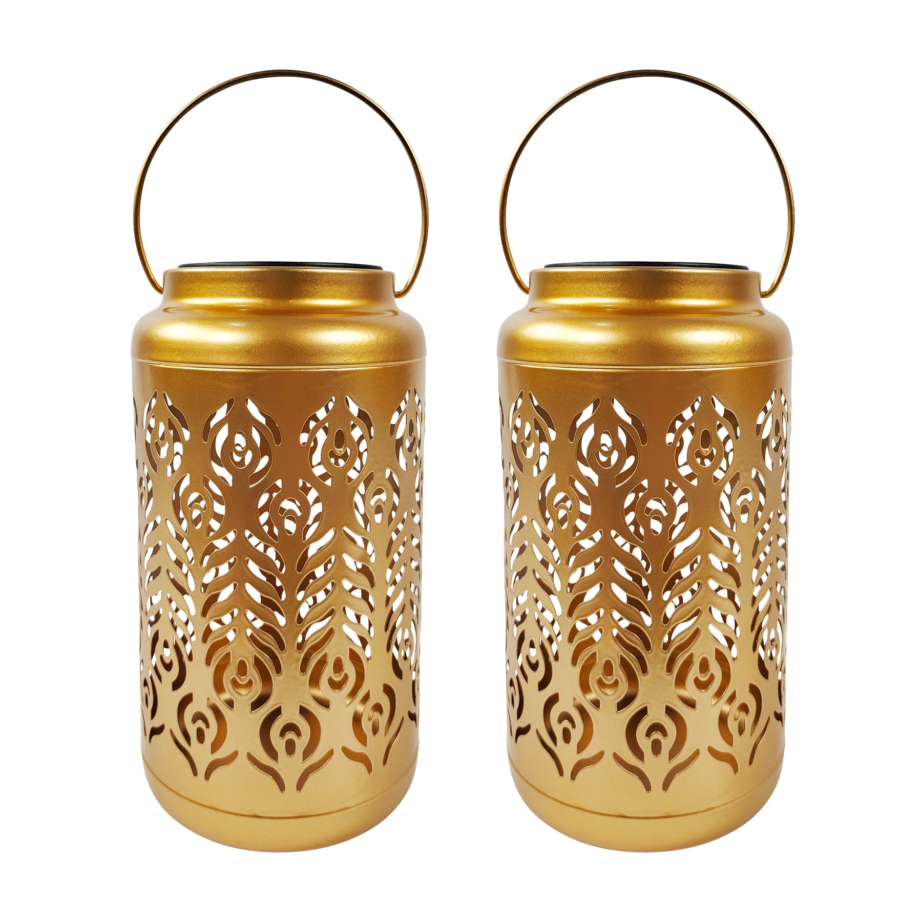 Bliss Outdoors 9-inch Tall 2-Pack Hanging and Tabletop Decorative Solar LED Lantern with Unique Phoenix Feather Design and Antique Hand Painted Finish in the Gold variation.