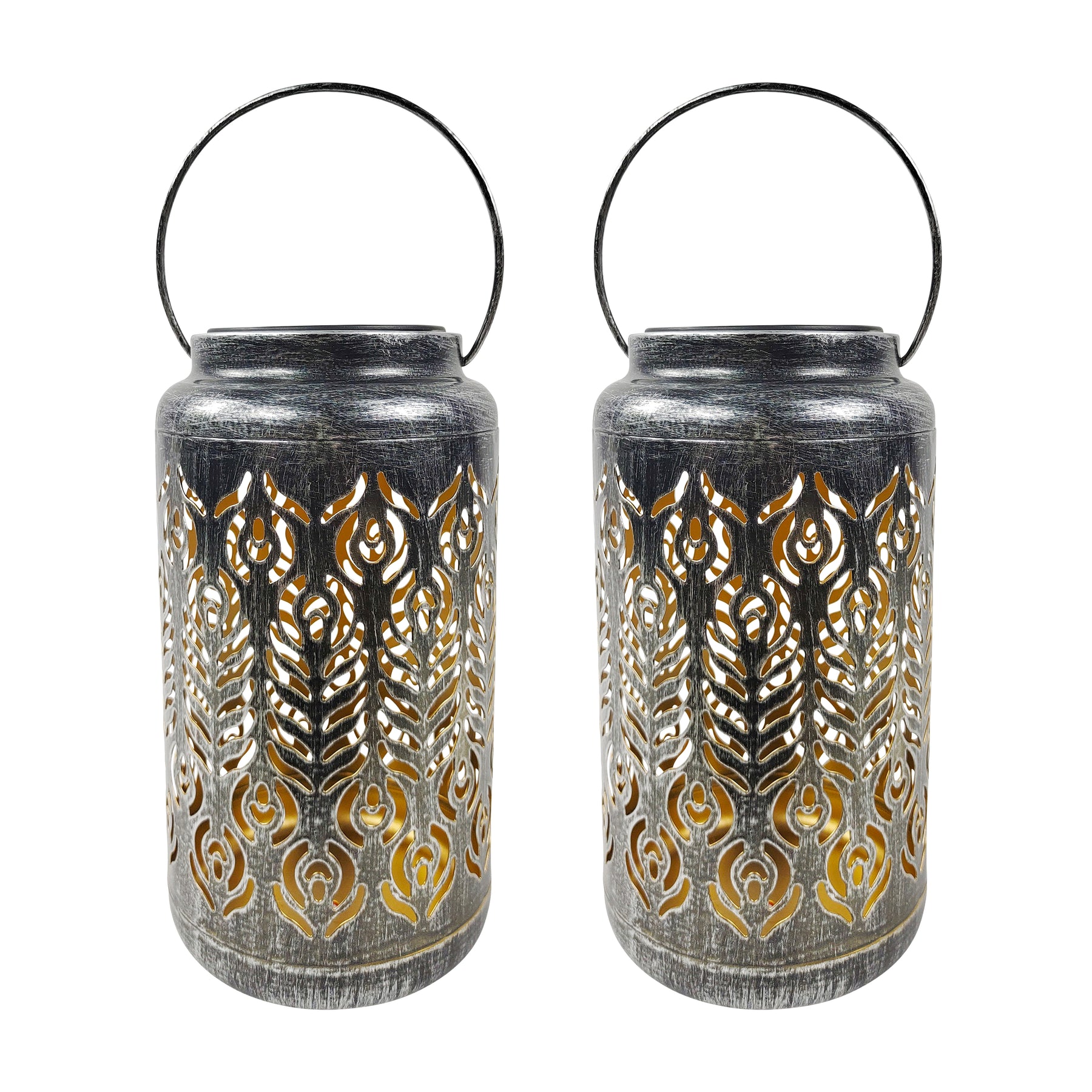 Bliss Outdoors 9-inch Tall 2-Pack Hanging and Tabletop Decorative Solar LED Lantern with Unique Phoenix Feather Design and Antique Hand Painted Finish in the Brushed Silver variation.
