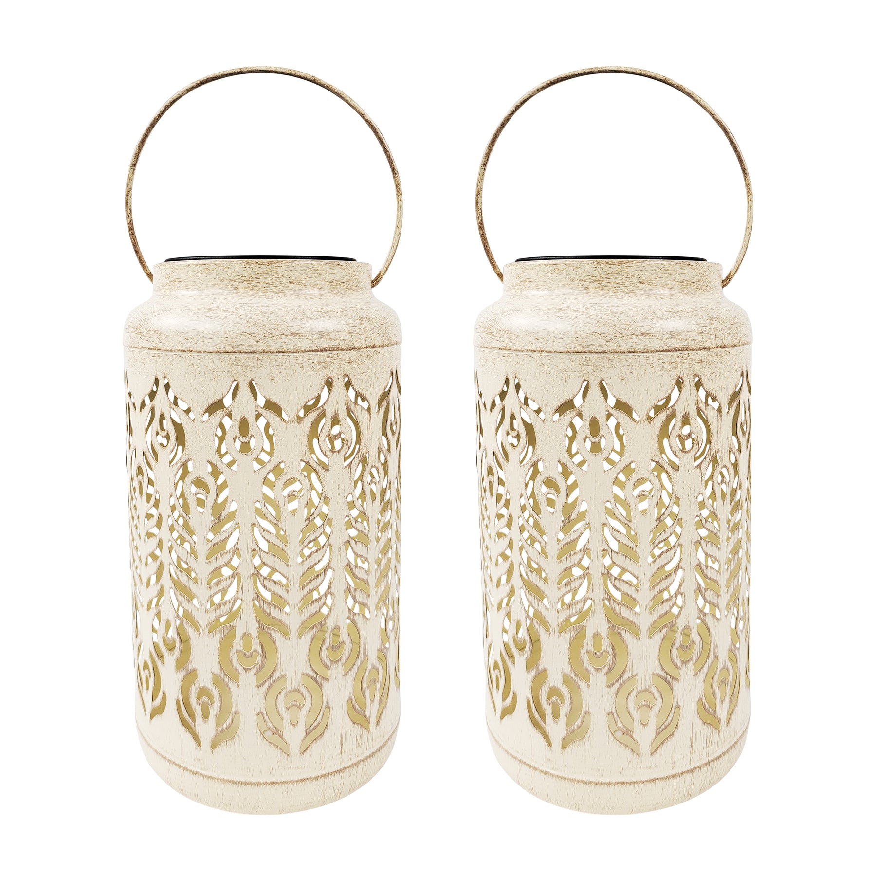 Bliss Outdoors 9-inch Tall 2-Pack Hanging and Tabletop Decorative Solar LED Lantern with Unique Phoenix Feather Design and Antique Hand Painted Finish in the Antique White variation.