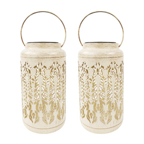 Bliss Outdoors 9-inch Tall 2-Pack Hanging and Tabletop Decorative Solar LED Lantern with Unique Phoenix Feather Design and Antique Hand Painted Finish in the Antique White variation.