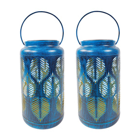Bliss Outdoors 9-inch Tall 2-Pack Hanging and Tabletop Decorative Solar LED Lantern with Unique Tropical Leaf Design and Antique Hand Painted Finish in the brushed blue variation.