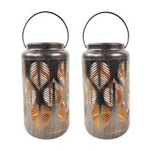 Bliss Outdoors 9-inch Tall 2-Pack Hanging and Tabletop Decorative Solar LED Lantern with Unique Tropical Leaf Design and Antique Hand Painted Finish in the brushed bronze variation.