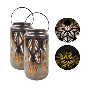 Set of 2 Solar LED Lanterns w/ Tropical Leaf Design & Hand Painted Finish | 9-in. Tall | Waterproof IP44