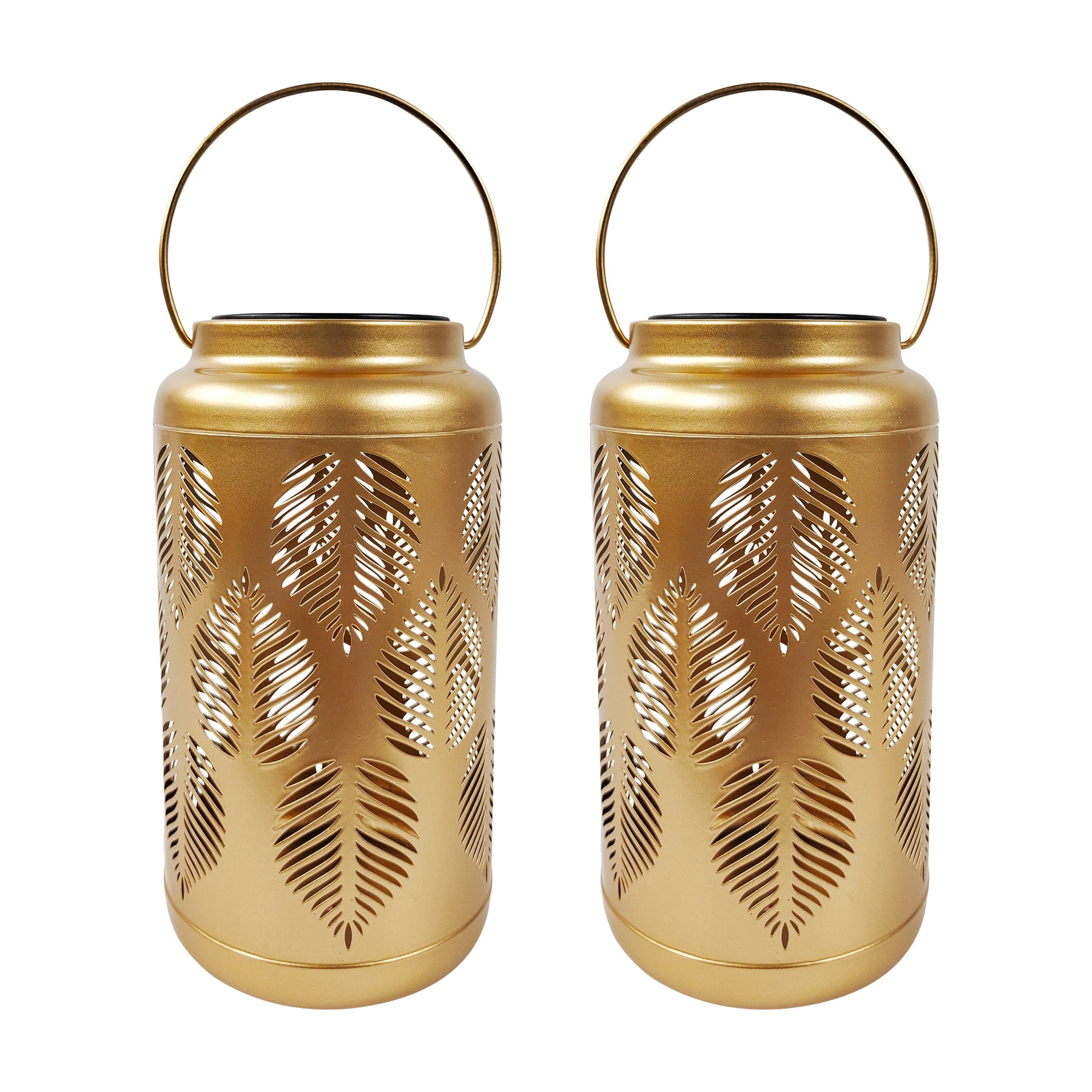 Bliss Outdoors 9-inch Tall 2-Pack Hanging and Tabletop Decorative Solar LED Lantern with Unique Tropical Leaf Design and Antique Hand Painted Finish in the gold variation.