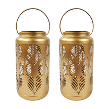 Bliss Outdoors 9-inch Tall 2-Pack Hanging and Tabletop Decorative Solar LED Lantern with Unique Tropical Leaf Design and Antique Hand Painted Finish in the gold variation.