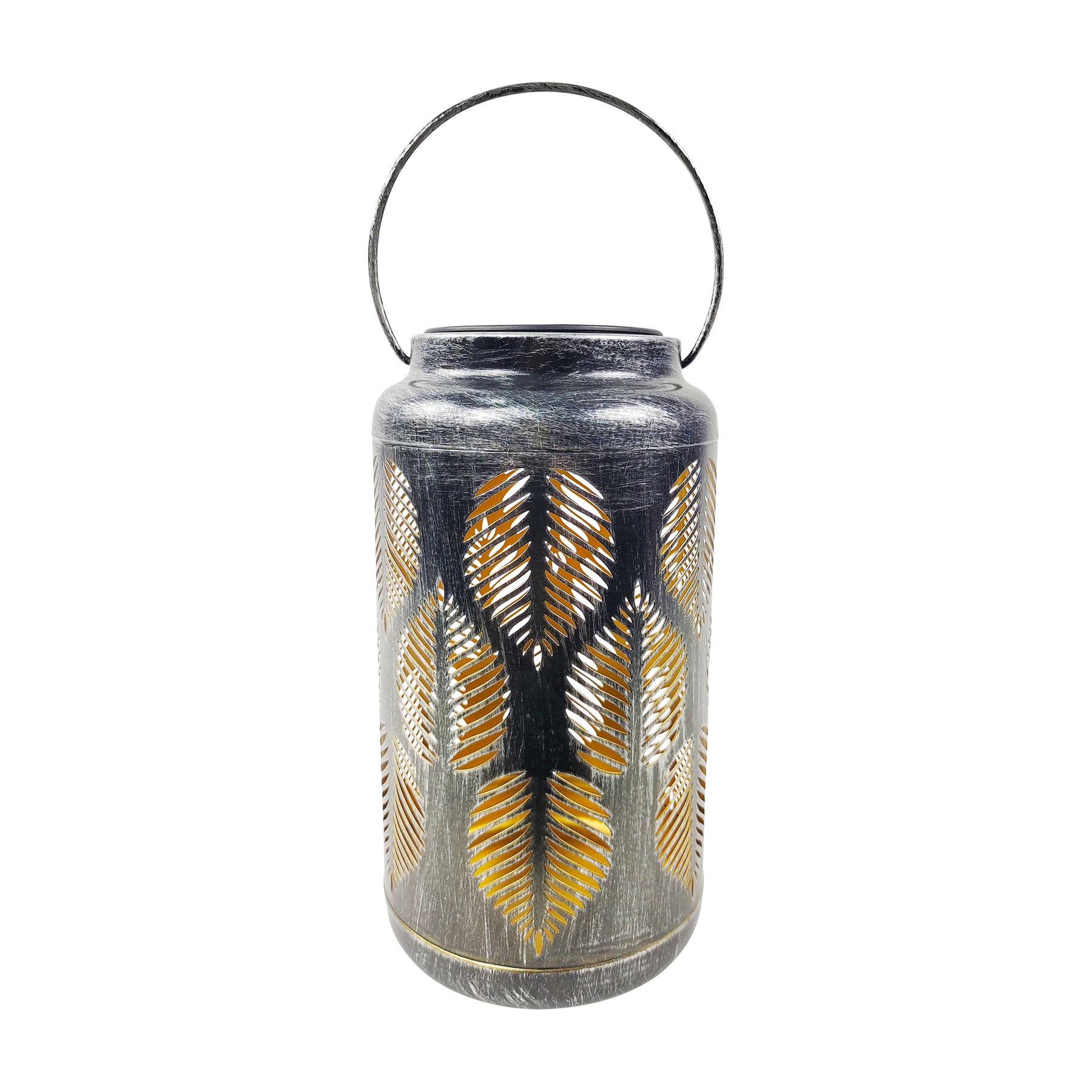 A single Bliss Outdoors 9-inch Tall Decorative LED Lantern with tropical leaf design in the brushed silver variation.