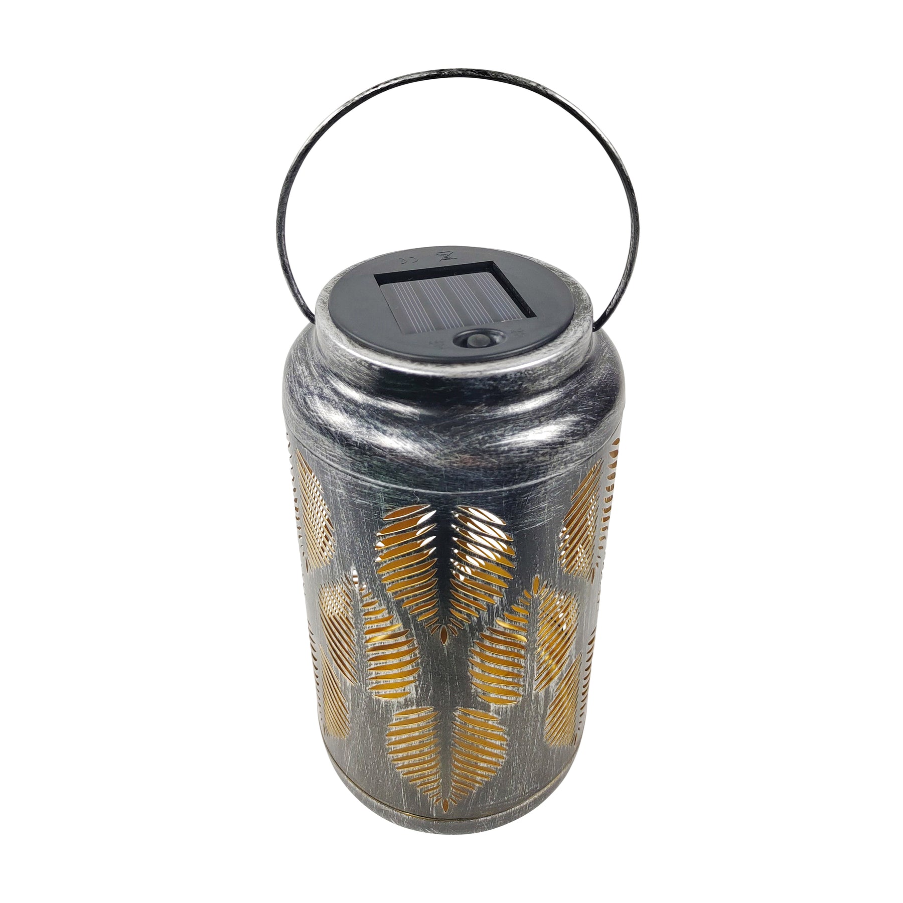 Top-angled view of a Bliss Outdoors 9-inch Tall Decorative LED Lantern with tropical leaf design in the brushed silver variation.