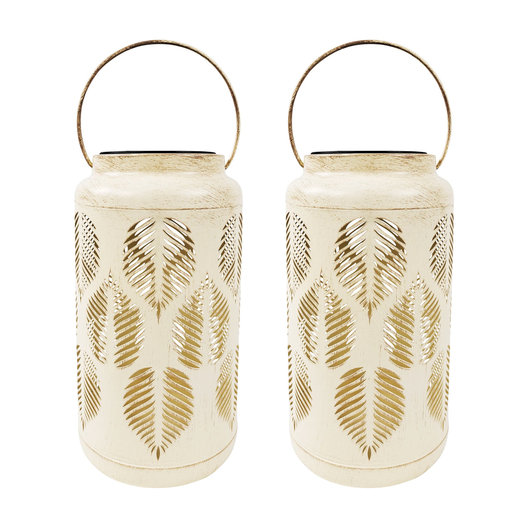 Bliss Outdoors 9-inch Tall 2-Pack Hanging and Tabletop Decorative Solar LED Lantern with Unique Tropical Leaf Design and Antique Hand Painted Finish in the antique white variation.