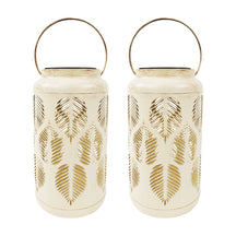 Bliss Outdoors 9-inch Tall 2-Pack Hanging and Tabletop Decorative Solar LED Lantern with Unique Tropical Leaf Design and Antique Hand Painted Finish in the antique white variation.
