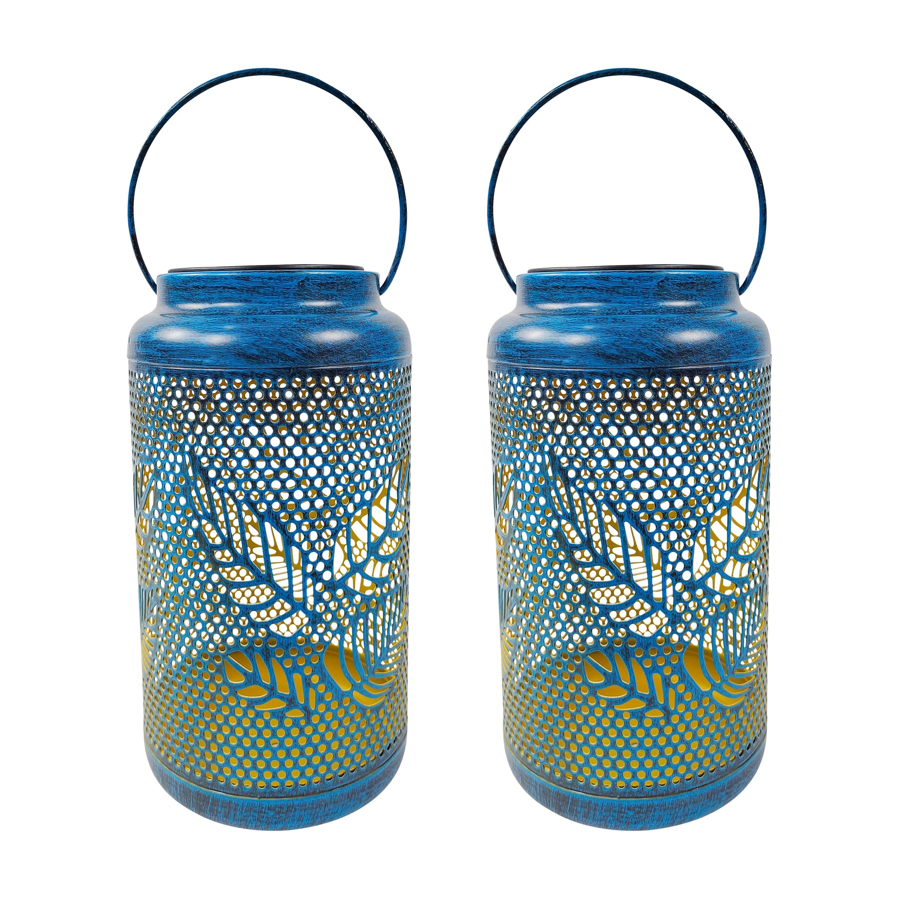 Bliss Outdoors 9-inch Tall 2-Pack Hanging and Tabletop Decorative Solar LED Lantern with Unique Berry Leaf Design and Antique Hand Painted Finish in the Brushed Blue Variation.