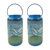 Bliss Outdoors 9-inch Tall 2-Pack Hanging and Tabletop Decorative Solar LED Lantern with Unique Berry Leaf Design and Antique Hand Painted Finish in the Brushed Blue Variation.