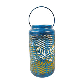 A single Bliss Outdoors 9-inch Tall Hanging and Tabletop Decorative Solar LED Lantern w/ Unique Berry Leaf Design and  Antique Hand Painted Finish in the Brushed Blue Variation.