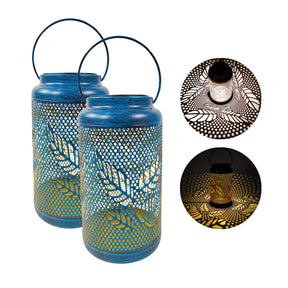 Set of 2 Solar LED Lanterns w/ Berry Leaf Design & Hand Painted Finish | 9-in. Tall | Waterproof IP44