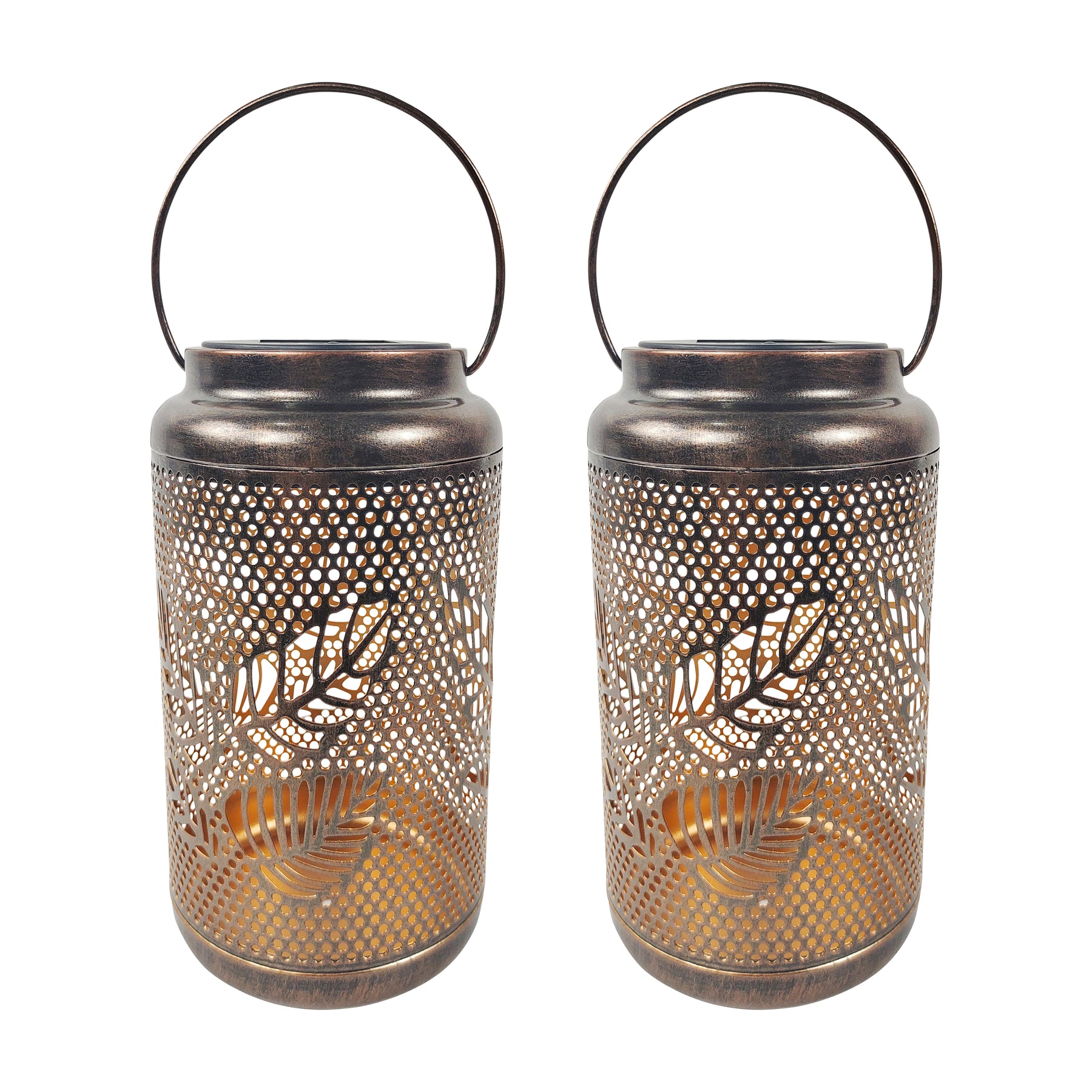 Bliss Outdoors 9-inch Tall 2-Pack Hanging and Tabletop Decorative Solar LED Lantern with Unique Berry Leaf Design and Antique Hand Painted Finish in the Brushed Bronze Variation.