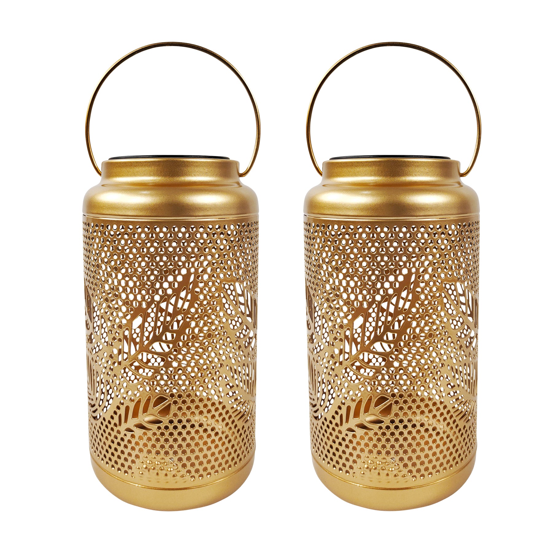 Bliss Outdoors 9-inch Tall 2-Pack Hanging and Tabletop Decorative Solar LED Lantern with Unique Berry Leaf Design and Antique Hand Painted Finish in the Gold Variation.