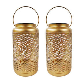 Bliss Outdoors 9-inch Tall 2-Pack Hanging and Tabletop Decorative Solar LED Lantern with Unique Berry Leaf Design and Antique Hand Painted Finish in the Gold Variation.