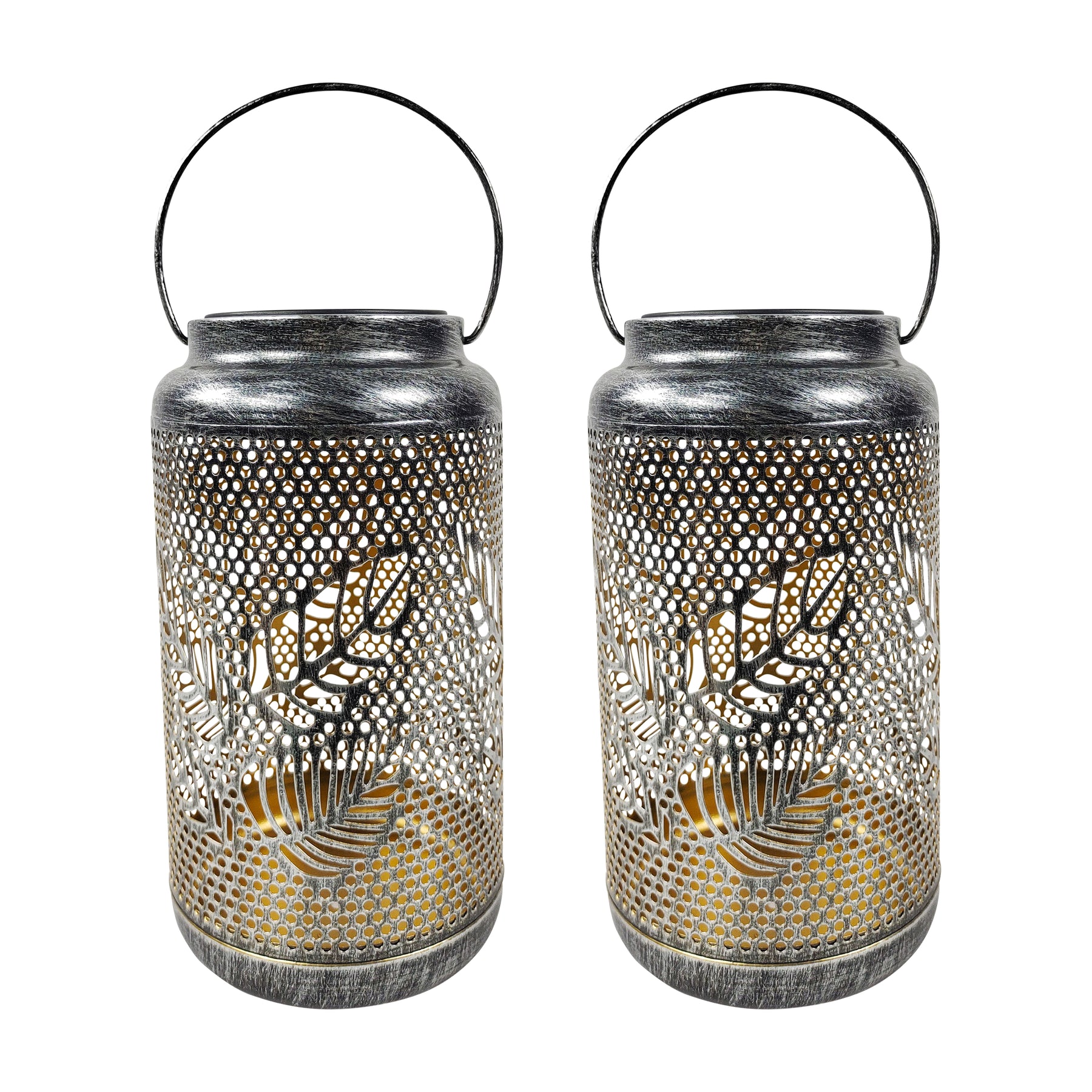 Bliss Outdoors 9-inch Tall 2-Pack Hanging and Tabletop Decorative Solar LED Lantern with Unique Berry Leaf Design and Antique Hand Painted Finish in the Brushed Silver Variation.