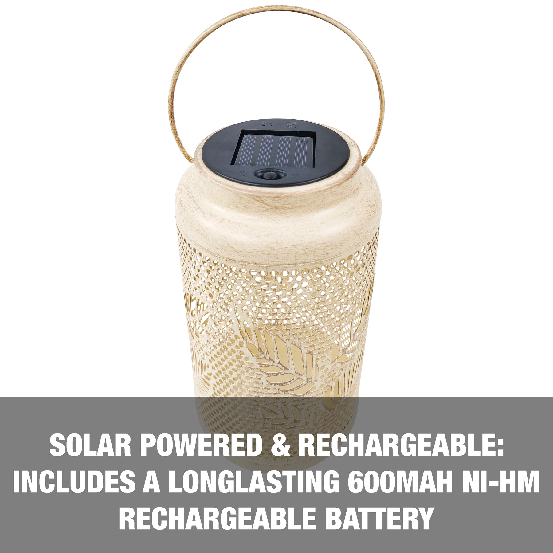 Set of 2 Solar LED Lanterns w/ Berry Leaf Design & Hand Painted Finish | 9-in. Tall | Waterproof IP44