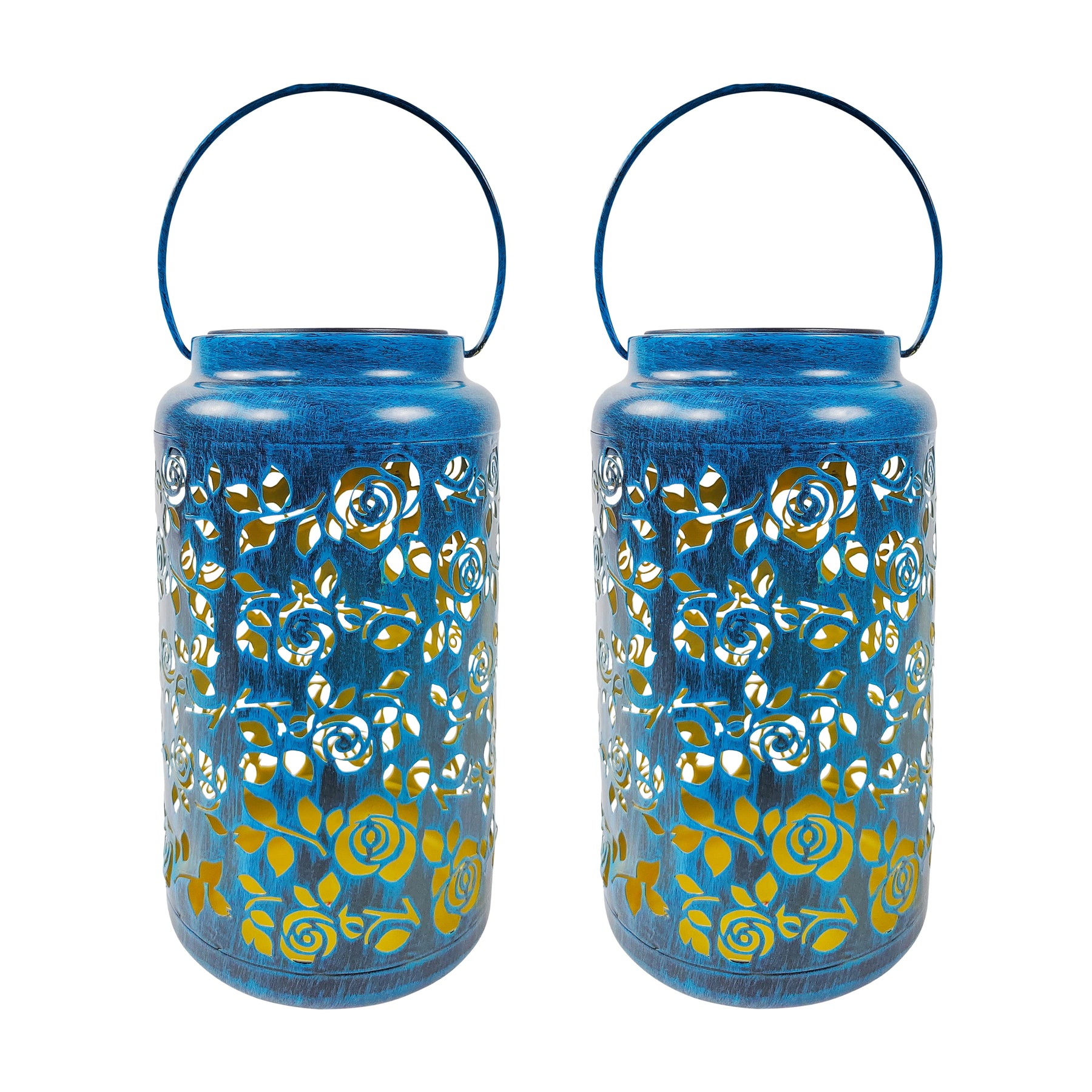 Bliss Outdoors 9-inch Tall 2-Pack Hanging and Tabletop Decorative Solar LED Lantern w/ Unique Rose Design and Antique Hand Painted Finish in the brushed blue variation.