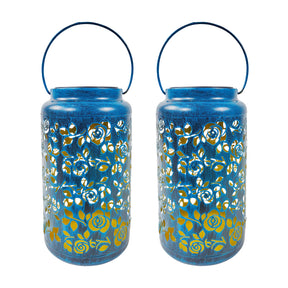 Bliss Outdoors 9-inch Tall 2-Pack Hanging and Tabletop Decorative Solar LED Lantern w/ Unique Rose Design and Antique Hand Painted Finish in the brushed blue variation.