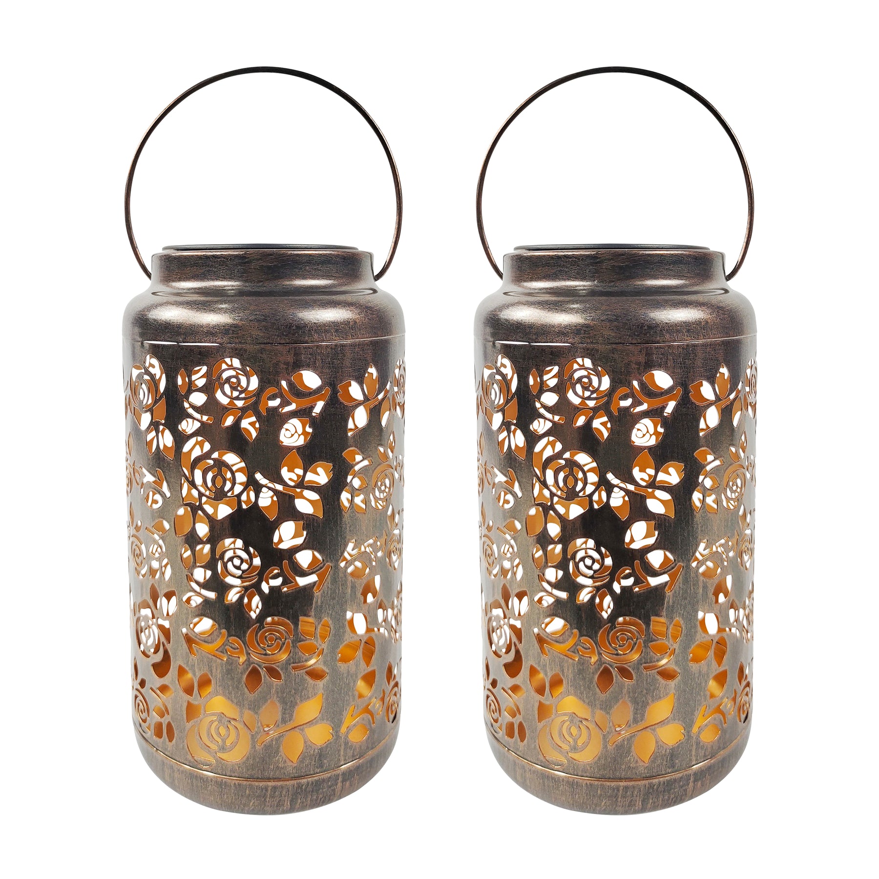 Bliss Outdoors 9-inch Tall 2-Pack Hanging and Tabletop Decorative Solar LED Lantern w/ Unique Rose Design and Antique Hand Painted Finish in the brushed bronze variation.