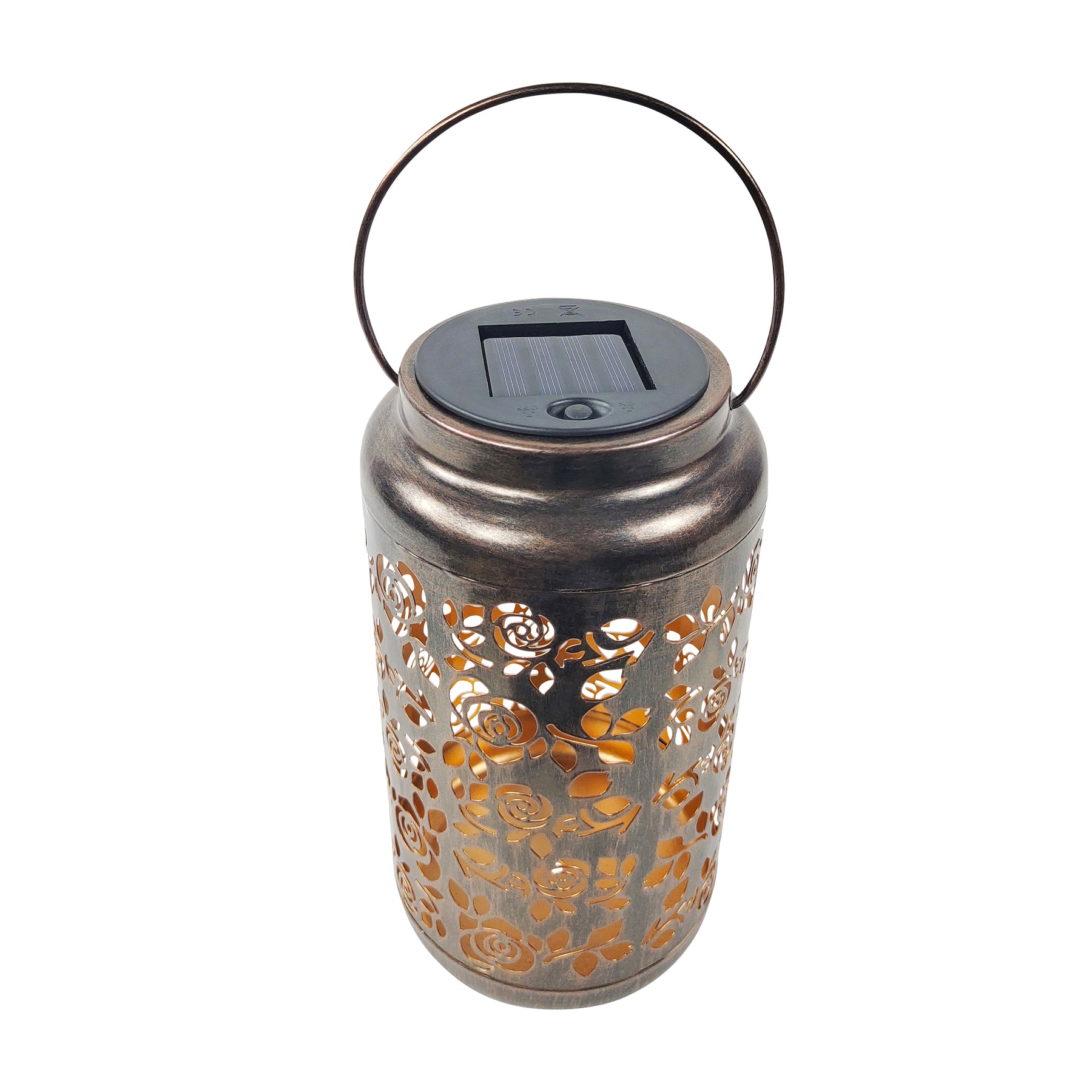 Top-angled view of a Bliss Outdoors 9-inch Tall Hanging and Tabletop Decorative Solar LED Lantern w/ Unique Rose Design and Antique Hand Painted Finish in the brushed bronze variation.