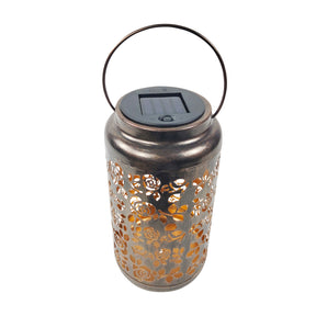 Top-angled view of a Bliss Outdoors 9-inch Tall Hanging and Tabletop Decorative Solar LED Lantern w/ Unique Rose Design and Antique Hand Painted Finish in the brushed bronze variation.