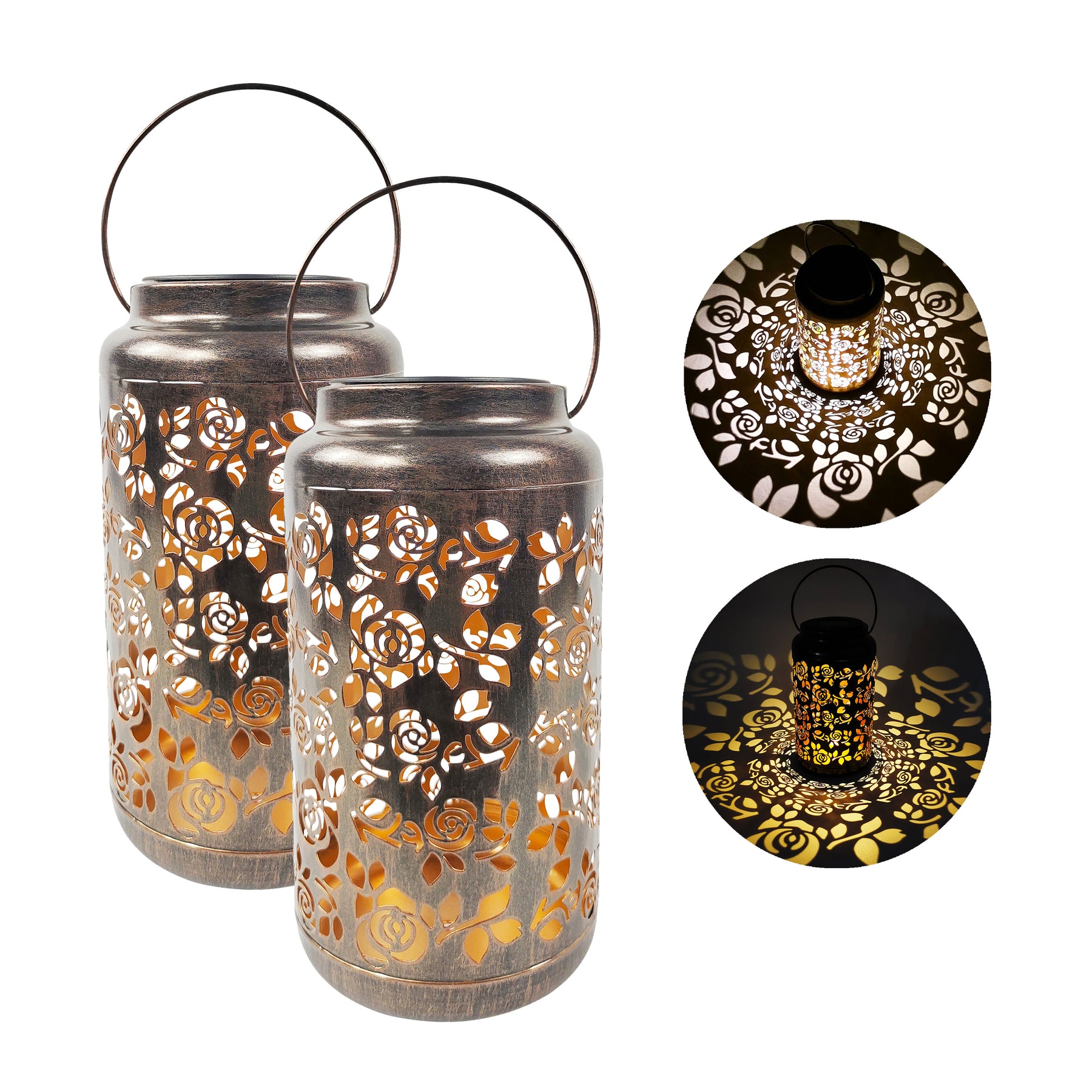 Set of 2 Solar LED Lanterns w/ Rose Design & Hand Painted Finish | 9-in. Tall | Waterproof IP44