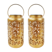 Bliss Outdoors 9-inch Tall 2-Pack Hanging and Tabletop Decorative Solar LED Lantern w/ Unique Rose Design and Antique Hand Painted Finish in the gold variation.