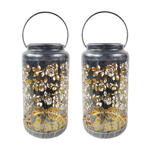 Bliss Outdoors 9-inch Tall 2-Pack Hanging and Tabletop Decorative Solar LED Lantern w/ Unique Rose Design and Antique Hand Painted Finish in the brushed silver variation.