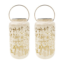 Bliss Outdoors 9-inch Tall 2-Pack Hanging and Tabletop Decorative Solar LED Lantern w/ Unique Rose Design and Antique Hand Painted Finish in the antique white variation.